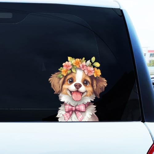 Image of Cute Animal Dog Car Sticker Waterproof PVC Double-Sided Printed Puppy Car Decal Funny Dog Peeking Decal for Car Window Bumper Truck Wall Laptop Car Decor (Flower Dog)