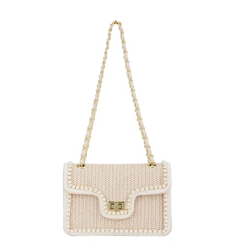 Fecialy Straw Crossbody Bags for Women Summer Straw Beach with Pearls Raffia Shoulder Handbags