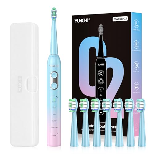 YUNCHI C2 Spazzolino elettrico per adulti e bambini, spazzolino sonico ricaricabile USB-C, con 5 modalità e timer intelligente da 2 minuti, setole morbide, 8 testine e custodia da viaggio, rosa e