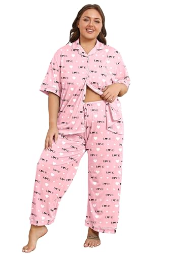Image of Vozanet Women's Plus Size Pajamas Button Down Shirt and Pants Soft Lounge Sets Bride Nighty Bottom with Pockets 1x to 5x