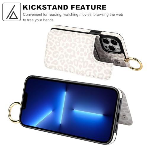 Image of HAOPINSH for iPhone 13 Pro Max Wallet Case with Card Holder, White Leopard Cheetah Print Back Flip Folio PU Leather Kickstand Card Slots Case, Finger Grip Ring Double Magnetic Clasp Shockproof 6.7 inch