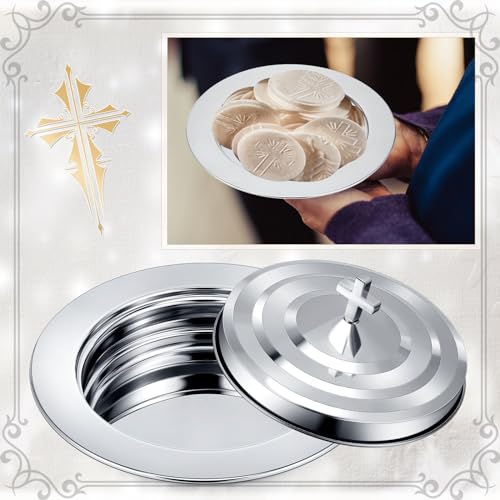 Zhehao 1 Plates Silver Communion Set, Holy Trays with Lid, Stainless Steel Bread Tray Plates for Churches, Holy Communion Tray with Cover, Polished Church Supplies Ware Sets