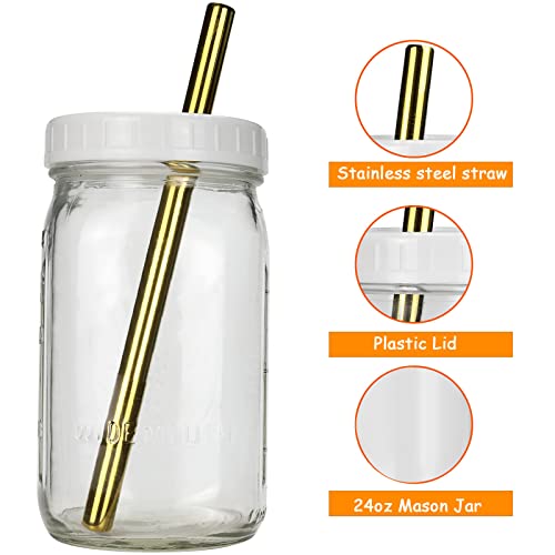 Pckydo Bubble Tea Cups 2 Pack, Reusable Wide Mouth Smoothie Cups, Iced Coffee Cups With White Lids And Gold Straws Mason Jars Glass Cups, Travel Glass Drinking Bottle (32Oz, Gold Straws) #TOP1