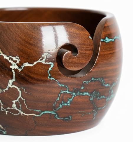 Image of Lichtenberg Figure Yarn Bowl - Handmade Wooden Yarn Bowl for Knitting Yarn Ball Holder - Yarn Bowls with Holes Crochet Bowl Holder - Yarn Storage Bowl 7 inch x 4 inch inches (Blue and White)