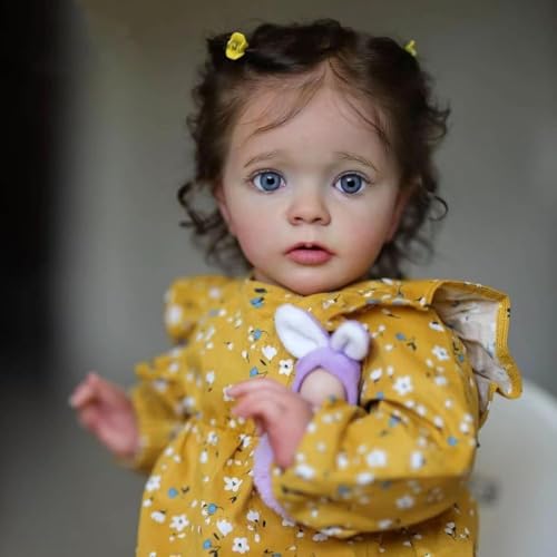 DOYSDJH 22 Zoll Reborn Baby Puppe, 55 cm Lebensecht Reborn Baby, Weiches Silikonvinyl, Gelbes Blumenkleid, Synthetisches Haar, Sammlerkollektion Neugeborenes Baby Mit Puppen-Zubehör – Bild 6