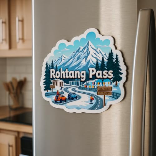 Image of Naxon Rohtang Pass Manali Theme Souvenir Wooden Fridge Magnet | Snow Mountains & Himalayan Pass Design 3x3In Refrigerator Magnet for Kitchen, Home Decor | Travel Gift from Himachal Pradesh | Pack of 1