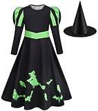 Hallojojo Elphaba Disfraz Niñas Cosplay Wicked Bruja Elphaba Negro Manga Larga Vestido con Gorro Mágico para Fancy Dress Up Halloween Carnaval Fiesta Cumpleaños Mascarada Vestido de Noche