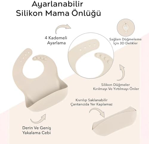 Meleni Baby 3'lü Silikon Beslenme Seti - Silikon Mama Önlüğü Diş Kaşıyıcılı Kaşık Vakum Tabanlı Tabak Krem - Görsel 3