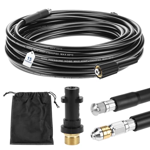 QWORK® Manguera limpieza tubos de alta presión 15M/50FT, 400 Bar/5800PSI desatascador tuberias a presion, compatible con Karcher K2-K7