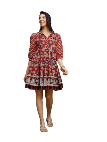 Image of Stylum Women's Rust Ethnic Printed Cotton Flared Dress