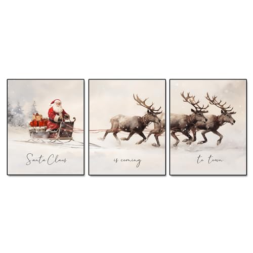 Gallery Set of 3, Christmas Posters, Christmas Santa Claus with a Sleigh Prints, Xmas Wall Art Home Decor, Christmas Wall Art, Christmas Living Room Decorations, 11X14 INCH Ready for Framing