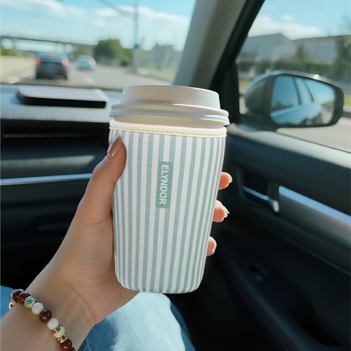 Image of Reusable Insulated Sleeve for Iced Coffee Cup, Coffee Neoprene Sleeve for Cold & Hot Drinks, Beverage Holder for Iced Coffee (Green Stripes, Medium: 22-24oz)