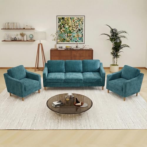 Image of Kingfun Couch Sets for Living Room, 3 Seater Couch and Armchair Set of 2, Mid Century Modern Sofa Chair, Chenille Couch with Solid Wood Frame for Bedroom