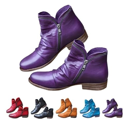 Womens Low Heel Ankle Boots Fashion Slip On Arch Support Walking Cowboy Booties Side Zipper Leather Vintage Western Short Boots for Women