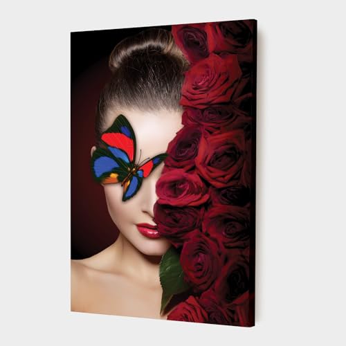 Image of PAINTINGMANTRA Stretched Modern Canvas Wall Art Painting, Women with Beautiful Red Roses Artwork for Living Room, Home, Bedroom, Office Decoration (Set of 1, 16x22 Inch)