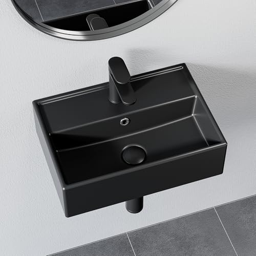 HOROW Waschbecken Gäste Wc Waschtisch Aufsatzwaschbecken mit Hahnloch unf Überlauf Klein Waschschale Schwarz Keramik 45 cm Handwaschbecken Klein Gäste WC