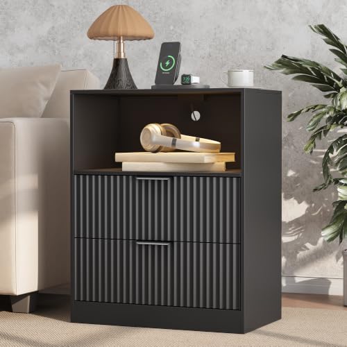 Image of Fluted Nightstand with Charging Station & LED Lights, Fluted Wood Nightstands with 2 Drawers, Modern Bedside Table & End Tables, Farmhouse Night Stands for Bedroom, Black