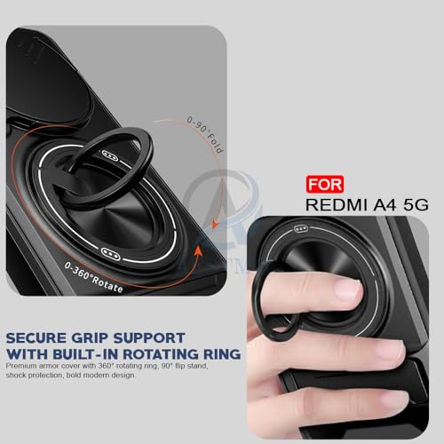 Image of AESTMO Redmi A4 / 14C / C75 5G / M7 5G Back Cover | Armor Camera Slider 360 Degree Rotating Finger Ring Holder Case with Bracket Stand Back Case Cover (Compatible with MagSafe Accessories) (Black)