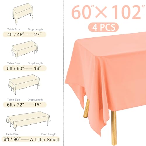 Image of 4 Pack Rectangle Tablecloth for 6 Foot Tables Washable Polyester Table Cover for Wedding Dining Table Parties Banquet(60x102 Peach Coral)