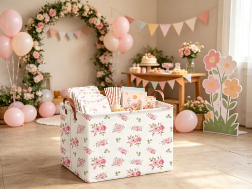 Image of Rectangular Rose Pink Flower Basket for Girls,Waterproof collapsible basket for girls,Gift Baskets(Pink Rose)