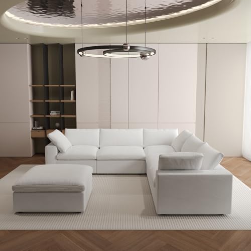 Image of JACH V Shape Cloud Couches for Living Room, Modular Convertible Sectional Sofa Couch, Couch Cushion Covers Removable, Cloud Sofas with Chaise Ottoman for Party Living Room, Bedroom, Apartment (White)