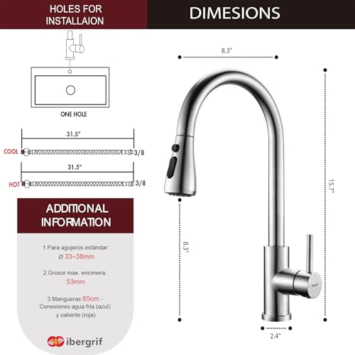 Miniatura 3 de Ibergrif M22137 Grifo Cocina Extraible Con 3 Modos, Grifo Fregadero Cocina Giratorio A 360 Grados, Cold Start, Ahorro De Energía, Acero Inoxidable
