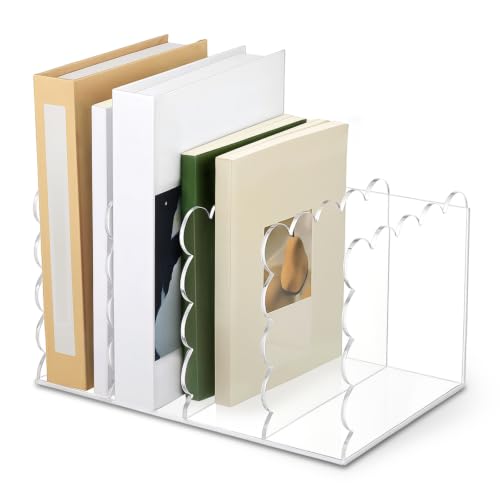 AmazingSpark 1 Pcs Scalloped Acrylic Book Holder for Desk with 4 Compartments 11.22 x 7.28 x 6.5 Inches Clear Acrylic Magazine Organizer Storage Mail Sorter with Wave Edge Design for Office Home
