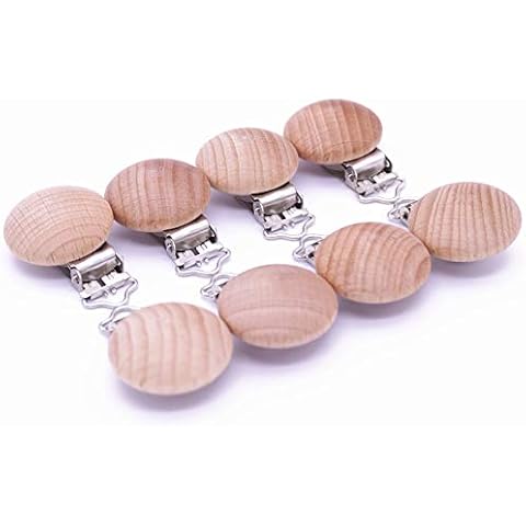 Sutoyuen 10Pcs 30mm (1.18") Natural Wood Pacifier Holder Round Beech Metal Teether Wooden Teething Beads Suspender Clips DIY Pacifier Accessories Cover