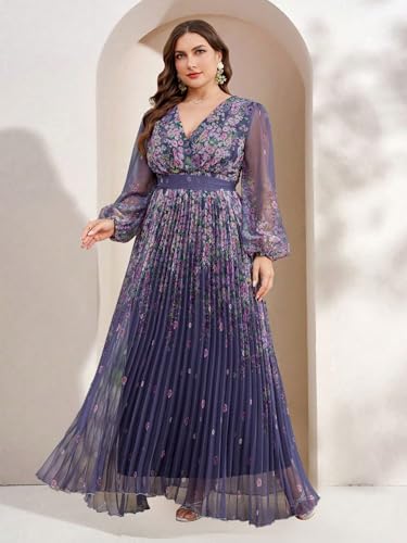 Image of Spring Summer 2024 Plus Size Womens Dresses V Neck Casual Elegant Long Sleeve Floral Print Maxi Dress