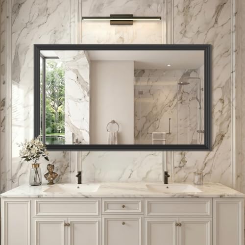 Image of DESBING Large Bathroom Mirror for Over Sink, 50 inch x 30 inch Black Rectangle Bathroom Mirrors for Double Vanity, Metal Ribbed Textured Framed Wall Mirror for Bathroom, Living Room, Bedroom,Dressing Room