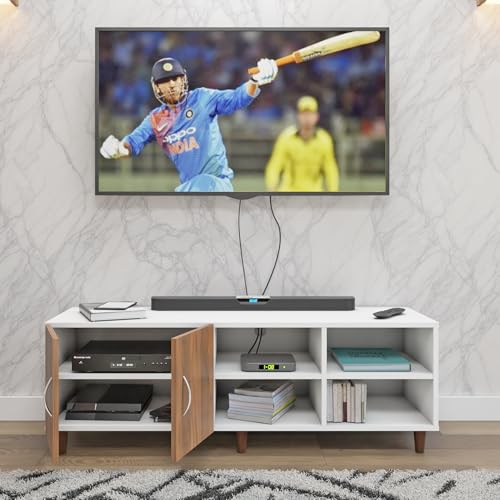 Image of VIKI Modern TV Unit for Living Room | Engineered Wood TV Cabinet with 2 Door Storage & 2 Open Shelves, Entertainment Unit, 140W x 48H x 40D cm | DIY | 1 Year Warranty (White & Walnut)