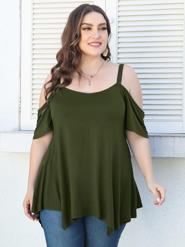 Image of LARACE Cold Shoulder Tops for Womens Summer Clothes Spaghetti Strape Tunic Oversized Shirts Asymmetrical Plus Size Blouse