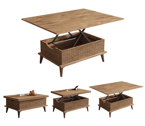 BERA DESIGN Extendable Dining Table 6-8 Seater, Lift Top Coffee Table, Extendable & Foldable Coffee Table Converts to Dining Table - 90x60x45cm with 3 Variable Height Level