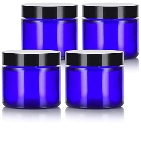 JUVITUS 2 oz Cobalt Blue Glass Straight Sided Jar With Black Smooth Lids Airtight, Smell Proof, BPA Free (4 pack)