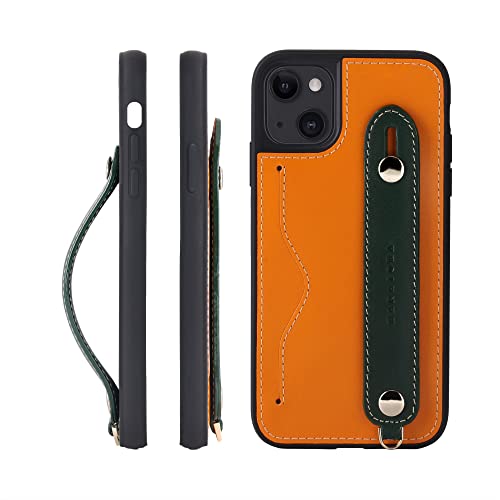 iPhone 14 ケース 本革 グリップケース レザー ストラップ付属 イタリア製牛革 ヌメ革 片手操作 カード収納 スタンド機能 メンズ レディース オレンジ/グリーン CGH-14-Orange-GN