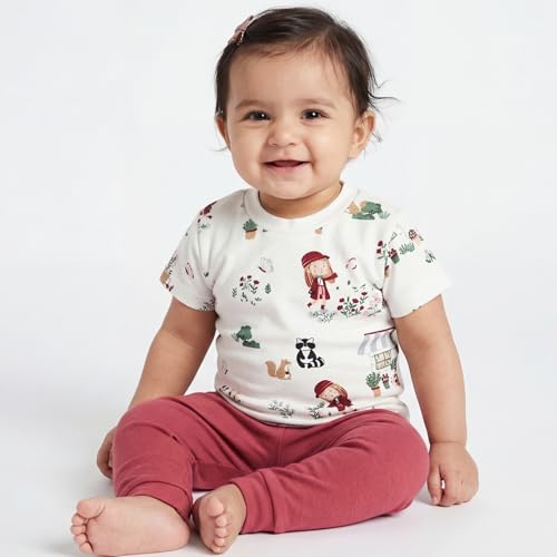 Image of Haus And Kinder Baby Clothes Set For 0-6 Months - Pack Of 5 | 5-piece Newborn Outfit With Onesie, T-shirt, Pants, Shorts, Vest ? Soft Jersey Cotton Infant Apparel | Scarlet Print For Boys & Girls