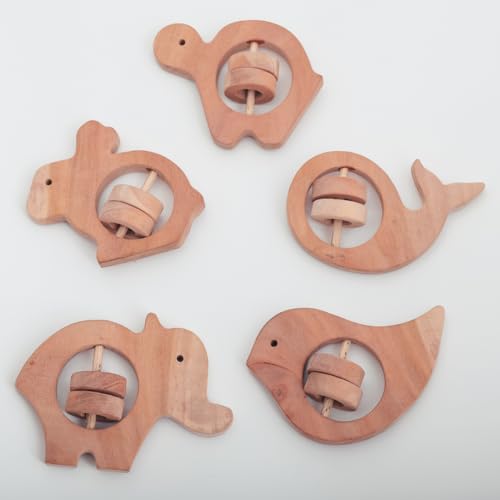 Image of Natural Neem Wood Baby Teether - Handmade Animal Shape Wooden Toy - Non-Toxic, Organic Chew Aid for Teething for 3-12 months and new born to play - Biodegradable, Eco-Friendly Gift for Infants & Toddlers (5, Neem Wood Baby Teether Set of 5)