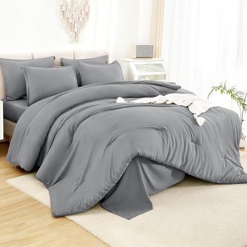 Litanika King Size Comforter Set Medium Gray - 7 Pieces Bed in a Bag King Bedding Comforter Sets, Solid Lightweight Bed Set with Comforter, Sheets, Pillowcases & Shams