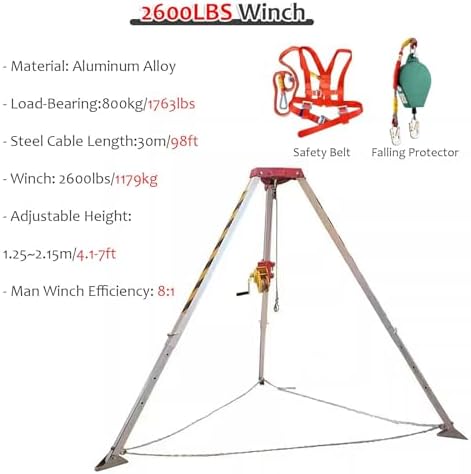 Confined Space Tripod Kit Adjustable Rescue Rescue Kit, Manhole Rescue with Rescue Winch & Fall Protection Device, Anti-Dropping Portable Emergency Life Saving L