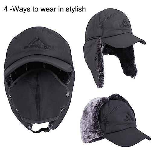 Unisex Faux Fur Warm Trapper Hunting Hat Windproof Winter Thick Thermal Bomber Hat With Earflap Mask Russian Hat Ski Cap Gray #TOP2