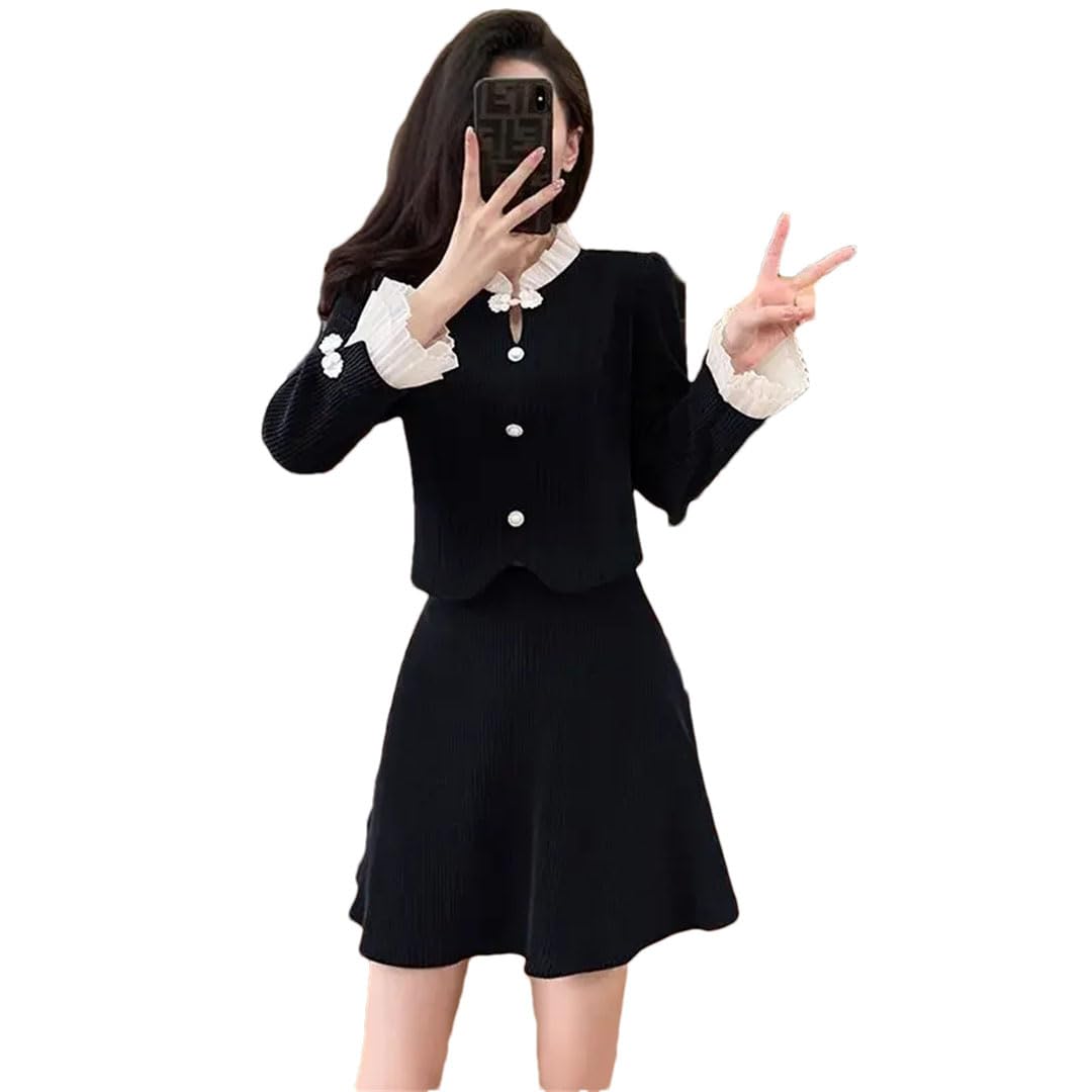 Womens Autumn Temperament Corduroy Tops High Waist A Line Skirt Two Piece Chinese Style Set