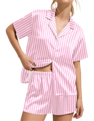 Image of Ekouaer Womens Satin Pajama Set Short Sleeve Sleepwear Button Down Pjs