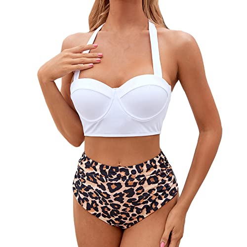 Genérico Halter Retro Ruched Bikini Piece Two Tops + Shorts High Women Front up Piece Two Cintura Halter Vintage Crop Wrap Swimsuit Empuje Print Swimwears Swimsears Tankinis Set Pañal Bañador Lavable