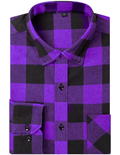 DOKKIA Mens Casual Dress Long Sleeve Buffalo Plaid Checkered Fitted Flannel Shirt (Purple Black Buffalo Plaid Large)