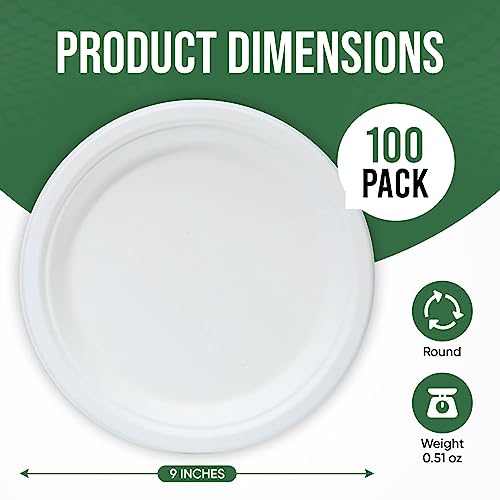 TaidMiao 9 Inch Paper Plates 100 Pack - 100% Compostable Dinnerware | Leak & Grease Resistant Disposable Plates for Parties, Microwavable, Bulk Eco-Friendly - White