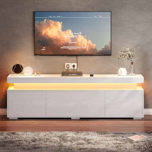 Meuble TV Moderne 150 cm Blanc, 3 Portes avec LED, Banc TV de Salon pour Petits Espaces, Rangement...