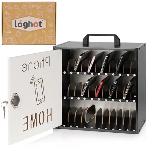 Loghot Wooden Cell Phone Storage Cabinet Adjustable Dividers Cell Phone Locker with Security Lock & Handle Desktop Phone Organizer for Classroom Office & Repair Shops (Black 33 Slots)