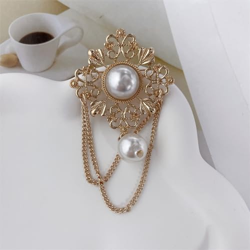 Vintage Round Pearl Filigree Flower Chain Tassel Brooches Lapel Pins for Women Girls Party Dance Banquet Dainty Boho Gold Dangle Drop Pin Dress Suit Clothes Accessories Jewelry3