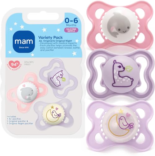 Image of MAM Variety Pack Baby Pacifier, Includes 3 Types of Pacifiers, Nipple Shape Helps Promote Healthy Oral Development, 0-6 Months, Girl, 3 Count (Pack of 12)