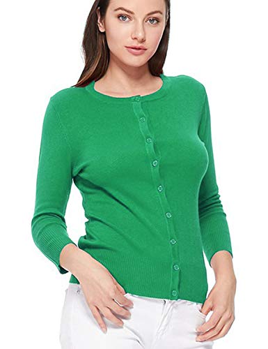 Image of Women's 3 /4 Sleeve Crew Neck Button Down Stretch Knit Cardigan Sweater (S-3XL)